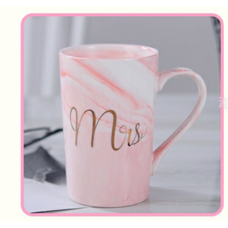 ( GARANSI PECAH )gelas keramik marble couple motif mrs &amp; mr tebal dan flamingo pink dan abu