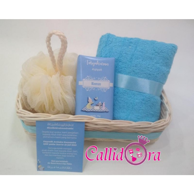 souvenir aqiqah bayi/mitoni /7 bulanan kehamilan hampers-handuk sabun shower puff