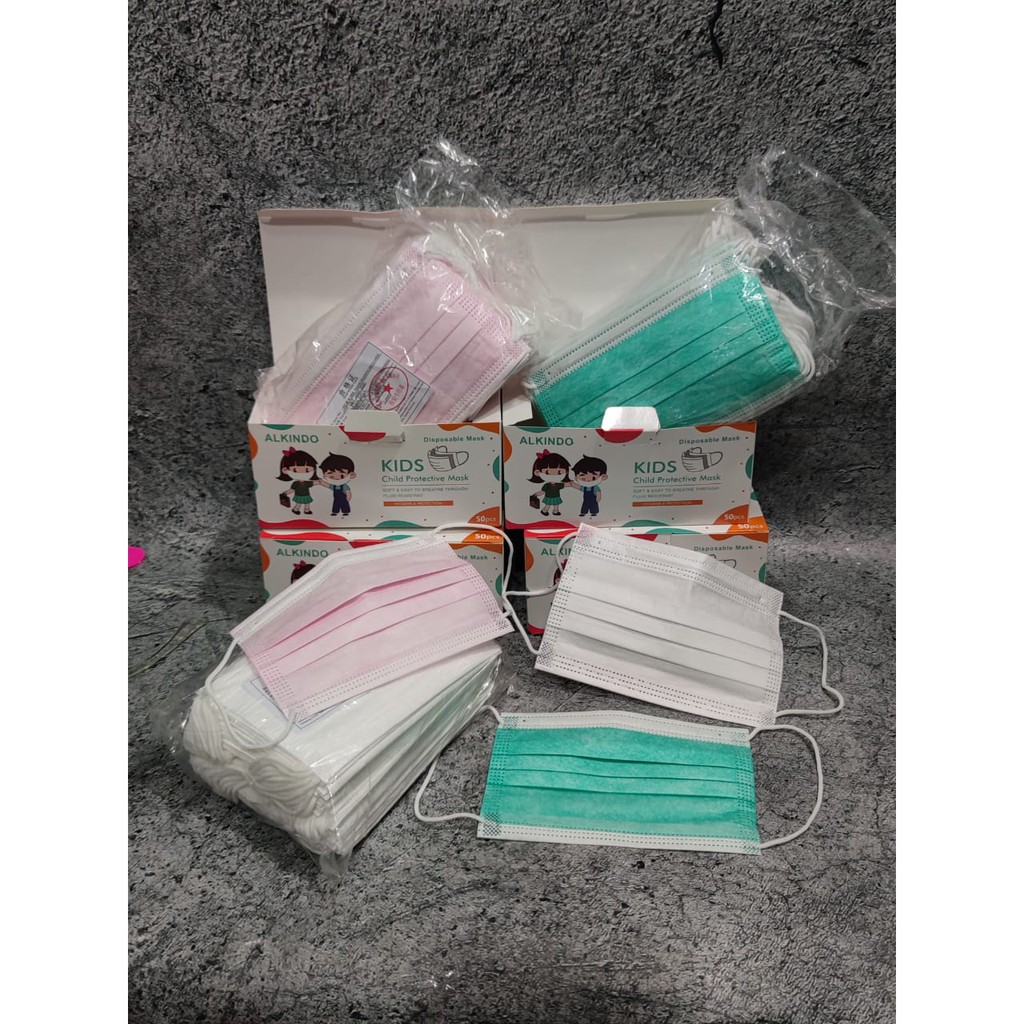 PER BOX 50PC - MASKER ANAK 3PLY CAREION NECARE ALKINDO WARNA POLOS