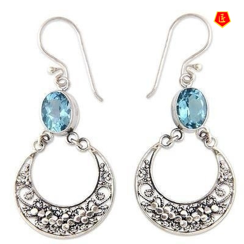 [Ready Stock]S925 Silver Vintage Inlaid Sea Blue Topaz Hollow Stud Earrings