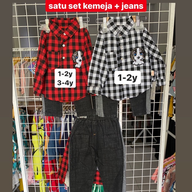 SALE Setelan Kemeja Kotak  Celana  Jeans anak import  