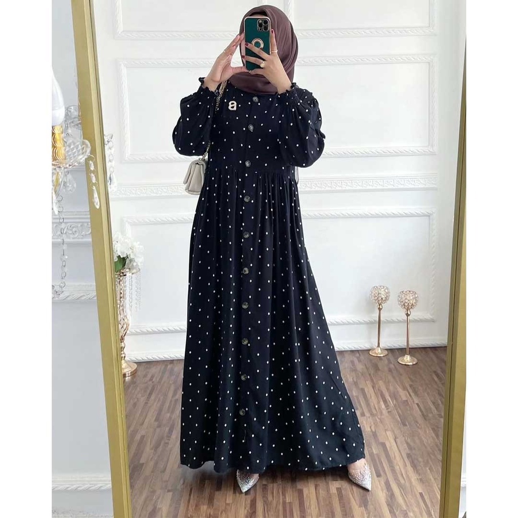 Gamis Rayon Homey Dress Terlaris / Gamis Muslim Syari Motif Terbaru-Dotty Black Dress