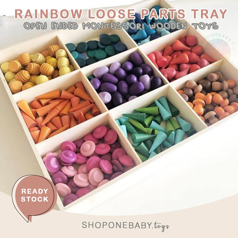 JKT Rainbow Loose Parts with Tinker Tray Open-Ended Educational Wooden Mainan Grapat Montessori Anak