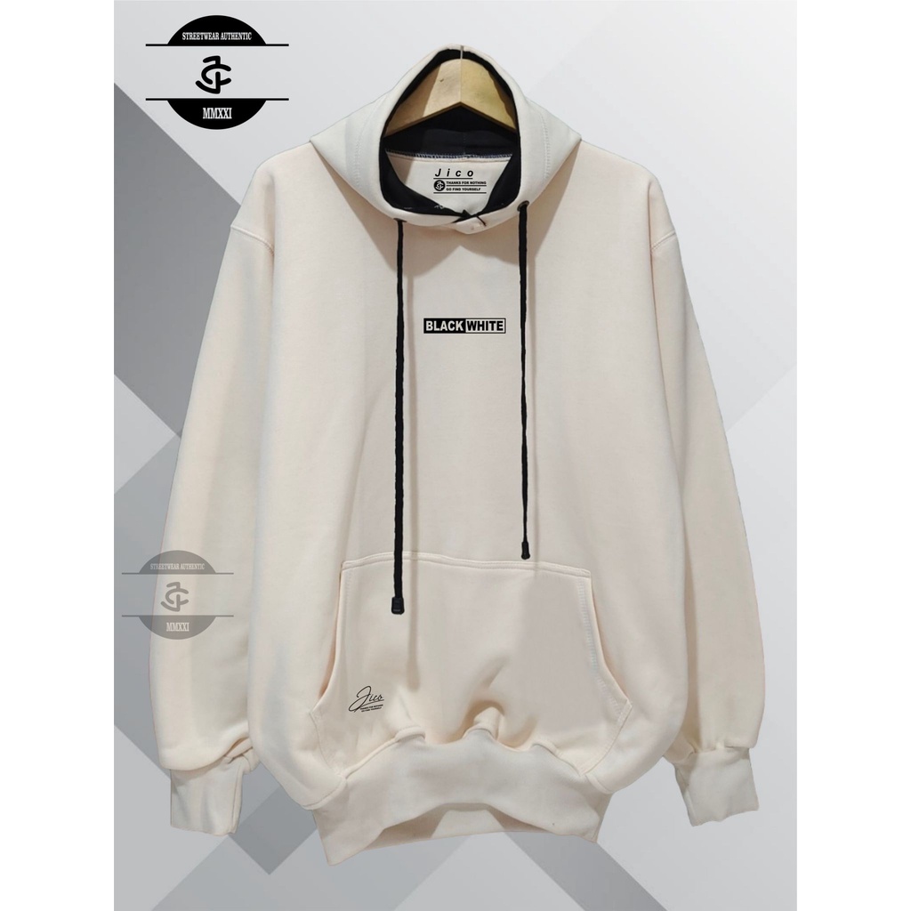 Jaket Hoodie Pria Cod Aesthetic Original JICO Brand Distro Kota Bandung Terbaru Terpopuler Dan Terlaris Oversize Unisex Sweater Hoodie Pria Katun Casual Distro Masa Kini Hudie Pria Wanita Hodie Casual Warna Cream  List BLACK WHITE Amazing Masa Kini