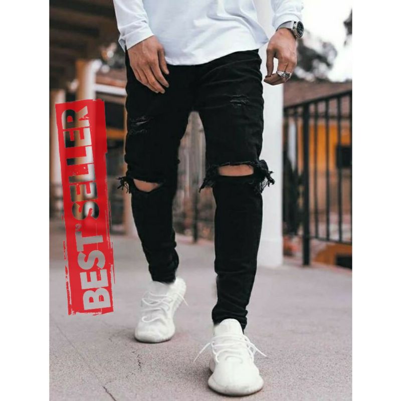 CELANA SOBEK PRIA RIPPED JEANS SLIMFIT SKINNY STRETCH PENSIL HITAM PREMIUM 27-38