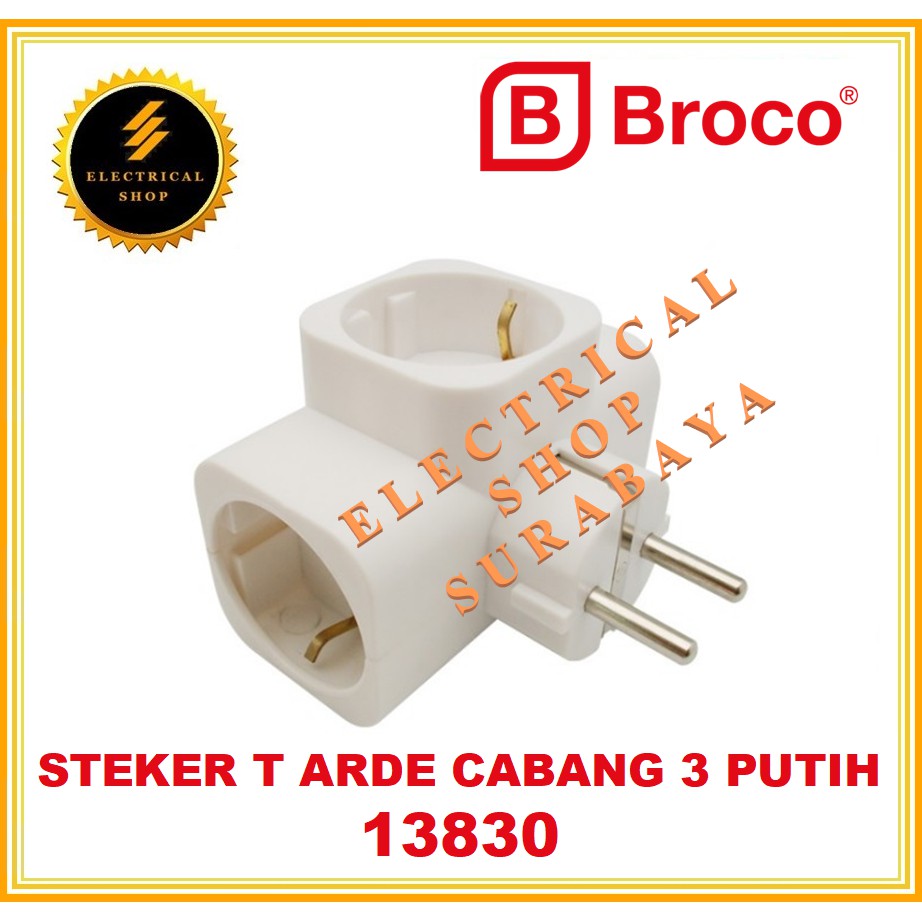 BROCO STEKER T ARDE PUTIH 13830 (TERSEDIA HARGA GROSIR) STOP KONTAK T BAMBU / CABANG 3 1383055