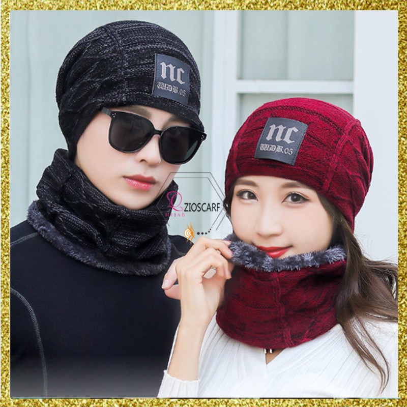 Topi Kupluk + SYAL NC Beanie Dewasa Knitted Hat Bahan Rajut Bulu Tebal Topi Gunung KPG