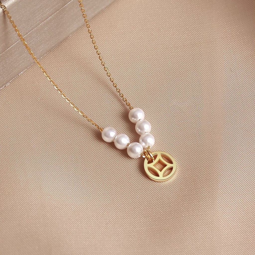 Kalung Liontin Mutiara Fortune Koin Emas Gaya Korea Vintage Untuk Wanita