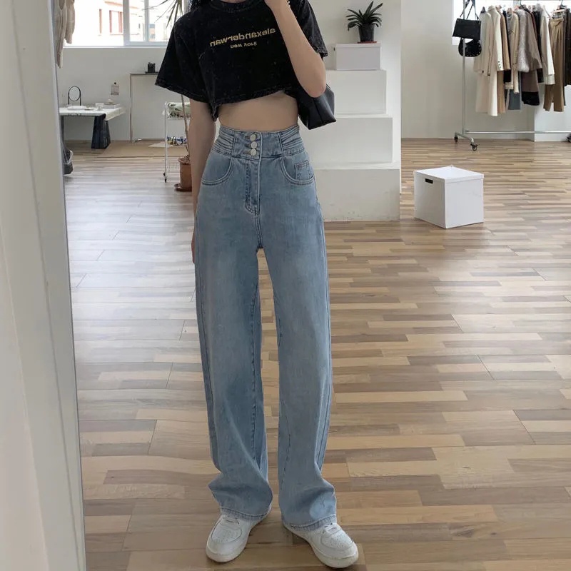 Jeans longgar pinggang tinggi wanita Korea dengan warna biru muda