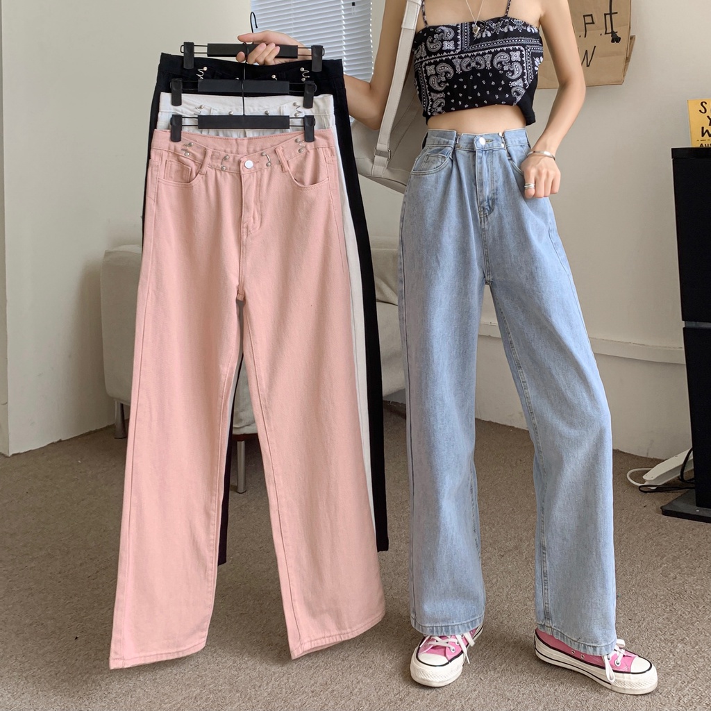 Korean New Women's Loose High Waist Wide Leg pengait celana jeans