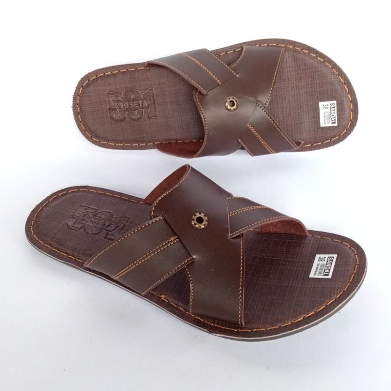 Sandal Pria Slop Kulit, Sendal Selop Pria, Sandal Slop Ban 2-Coklat Tua2