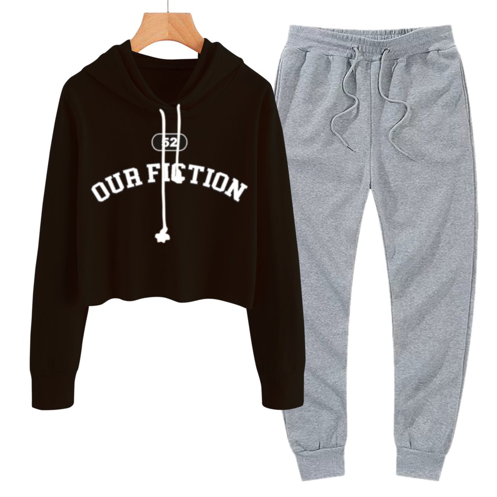 BESS - Baju Setelan Wanita Murah / Setelan Hoodie Crop + Jogger Abu - OUR FICTION