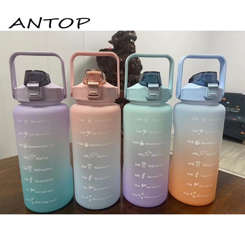 Botol Air Minum Kapasitas Besar 2l Gradien Warna Dengan Skala Pengingat Waktu Untuk Jerami Cangkir Air Olahraga Besar Portabel Fitness Outdoor