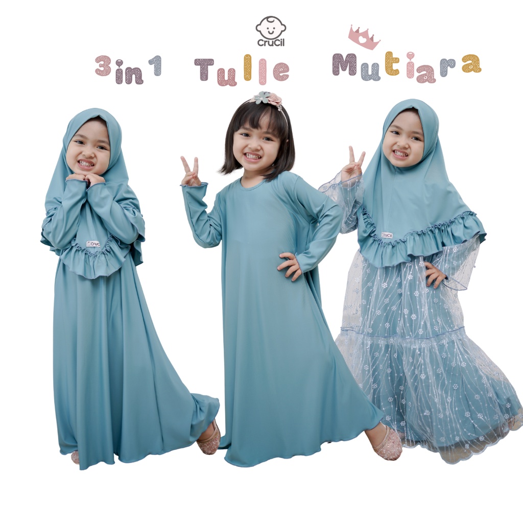 Crucil 3in1 gamis tulle mutiara Remaja (9-16y)