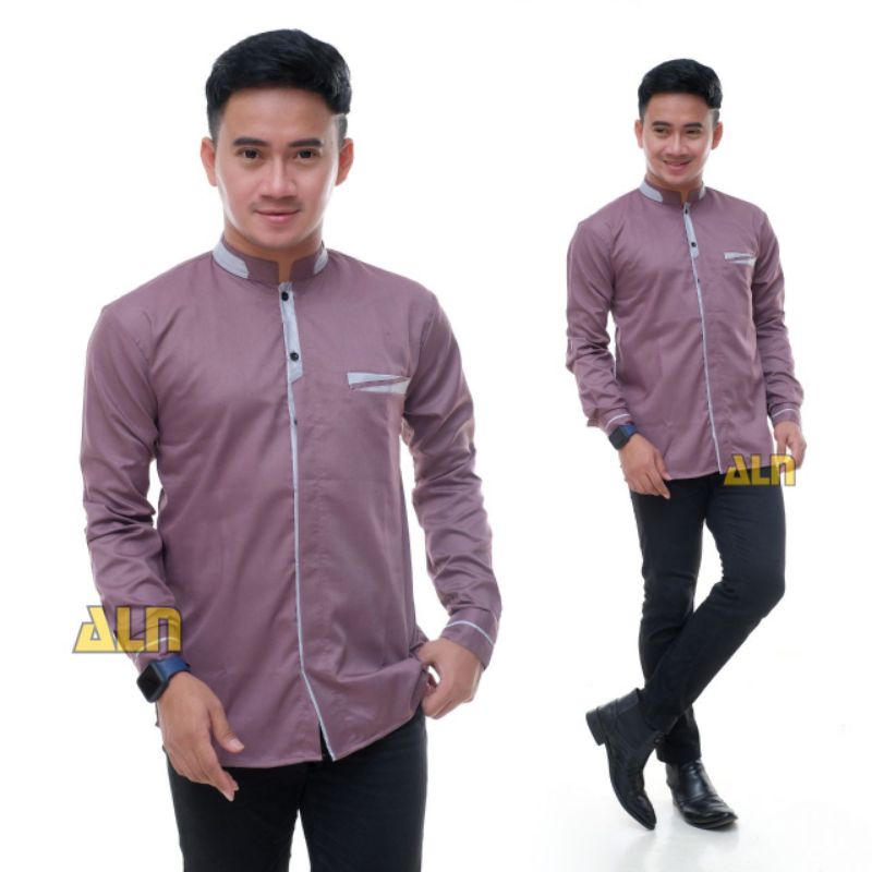 ATASAN BAJU KOKO COWOK LENGAN PANJANG POLOS ALFARISI JUMBO UNGU LAVENDER LILAC ARMY NAVY ABU PUTIH C
