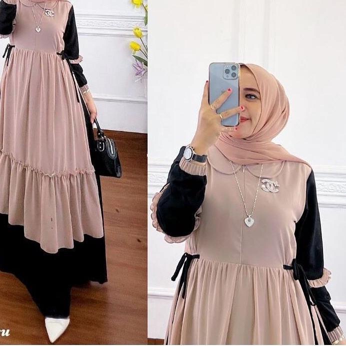 Terbaru  - PRIANKA DRESS GAMIS MUSLIM  TWO TONE LAYER CERUTY BABYDOLL LD 110 FIT S-XL  FREE BROS  FA