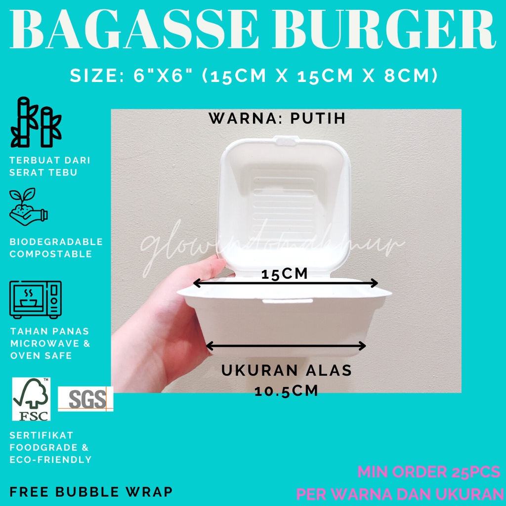 Bagasse Burger Kotak Kecil 15cm x 15cm 6inch Lunchbox Sugarcane Serat Tebu ECO FRIENDLY BENTO CAKE