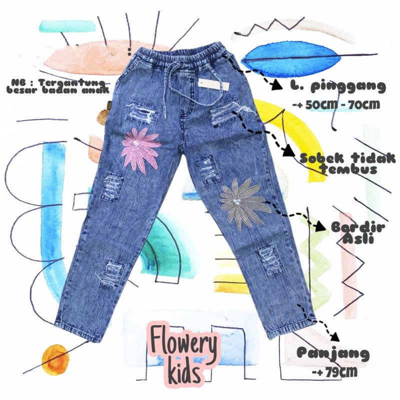 Celana Anak Perempuan Baggy Jeans Jinjong Jhody Pants Usia 7 sampai 13 Tahun Blue Snow Bordir Boneka Koala Pita Bunga Cempaka Love Pants