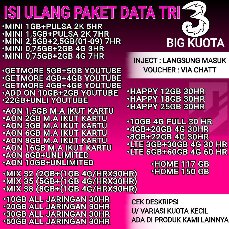Kuota 3 Paket data Tri 33GB 32GB 66GB | Shopee Indonesia