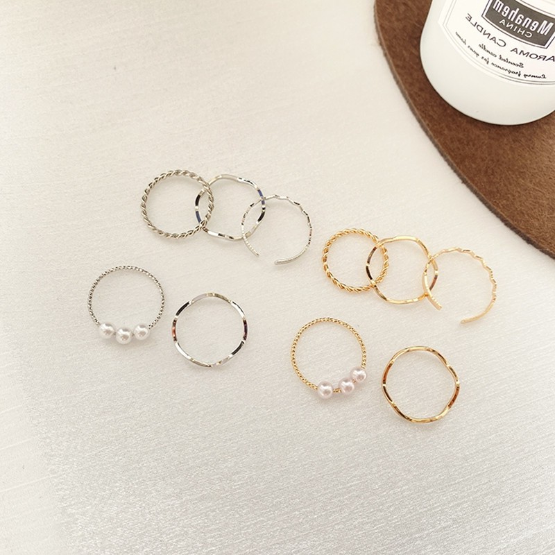 5pcs/set Cincin Jas Penyepuhan Mosaik Buatan Mutiara Glitter Gaya Korea Kesederhanaan Bentuk Bergelombang Desain Rasa Temperamen