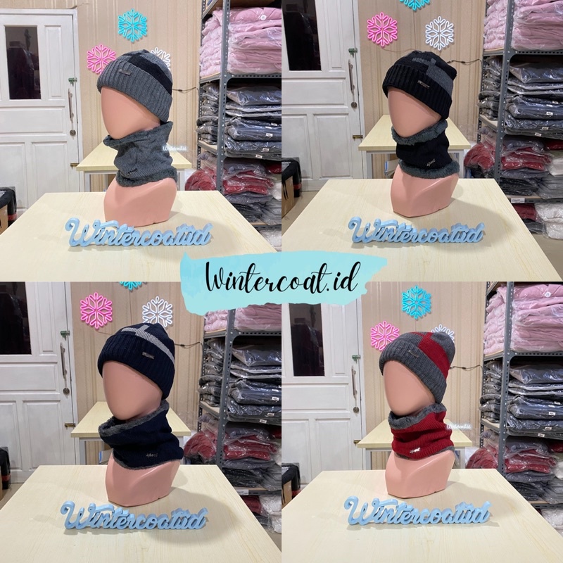 Beanie hat set neck warmer topi kupluk pria wanita hangat gunung set penghangat leher winter musim dingin