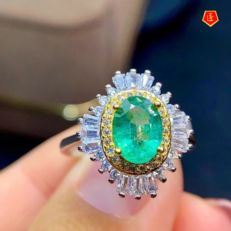 [Ready Stock]Luxury Full Diamond Natural Emerald Ring