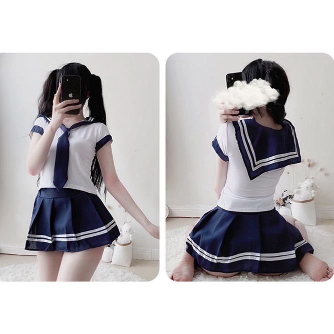 Grosir Linggerie Wanita Sexy Bermain peran siswa Linggerie Seksi Rok Mini Lipit Seragam Cosplay Set (Kombo) A01