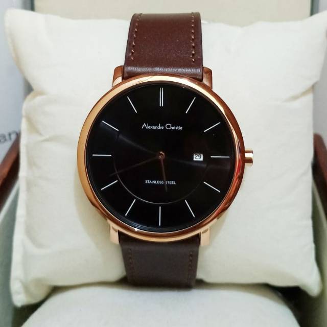 Jam tangan pria Alexandre Christie AC 8589 Rosegold Plat Black Original