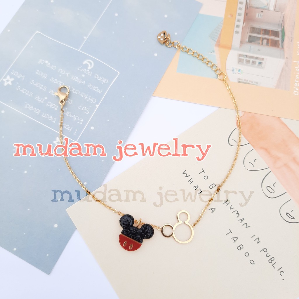 Gelang Rantai Titanium Model Mickey Hitam Merah Tersedia Warna Rose Gold dan Gold
