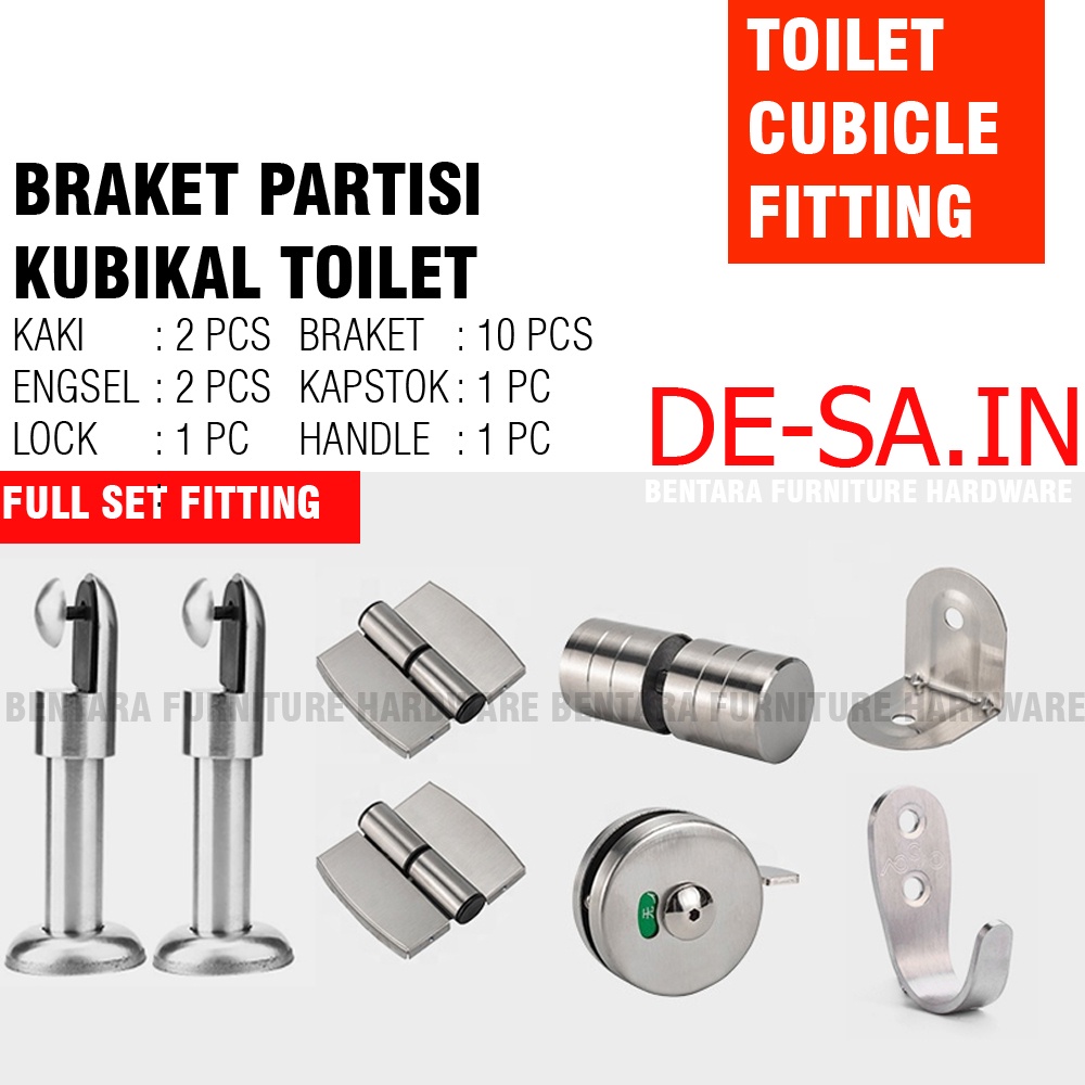 BOX SET PARTISI TOILET STAINLESS  KUBIKAL KAKI ENGSEL  PINTU BUKA KANAN TARIKAN PARTISI KAPSTOK BRACKET - CUBICLE FITTING SET HINGE BRACKET HOOK LEG HINGE HANDLE