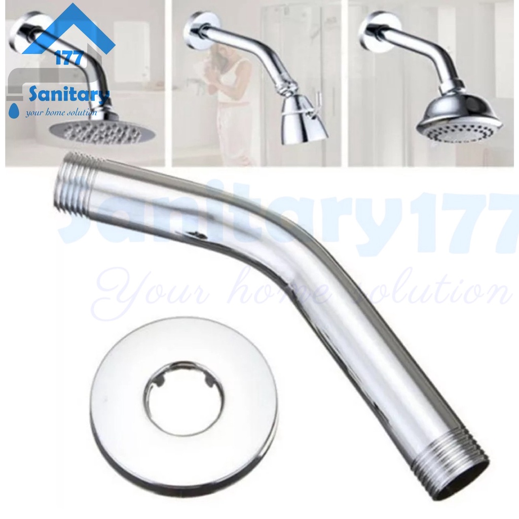 Pipa Shower mandi Tembok 15cm -tiang wall shower arm shower stainless 1/2 inch 15 cm stenlis hitam tangkai sambungan