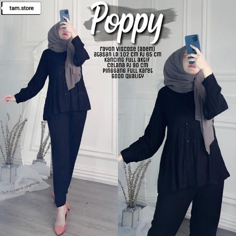 SETELAN PIYAMA WANITA PREMIUM HIGH QUALITY // LD 100 - 110 ONE SET RAYON MOTIF BARU // SET RAYON-Poppy black set
