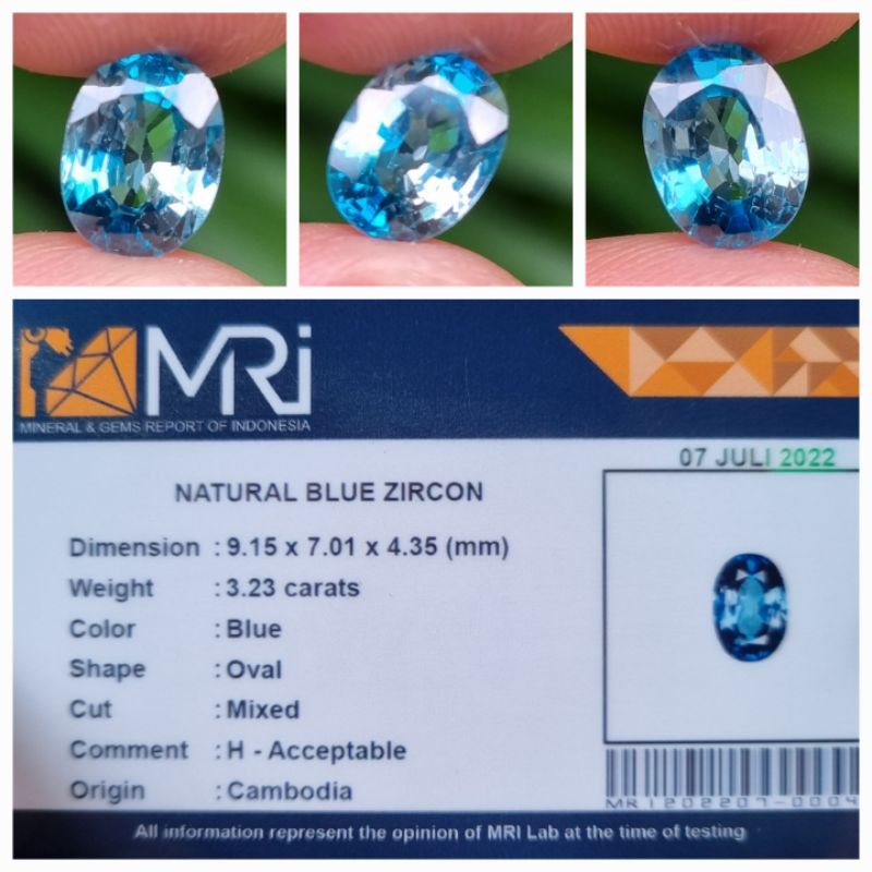 Natural Blue Zircon Cambodia Memo 3.23 crt