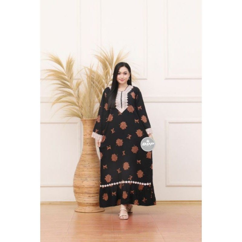 GAMIS ARAB LONGDRESS RENDA TURKI MOTIF LOGO BRAND LV DAUN BUSUI FRIENDLY LD 110 cm murah