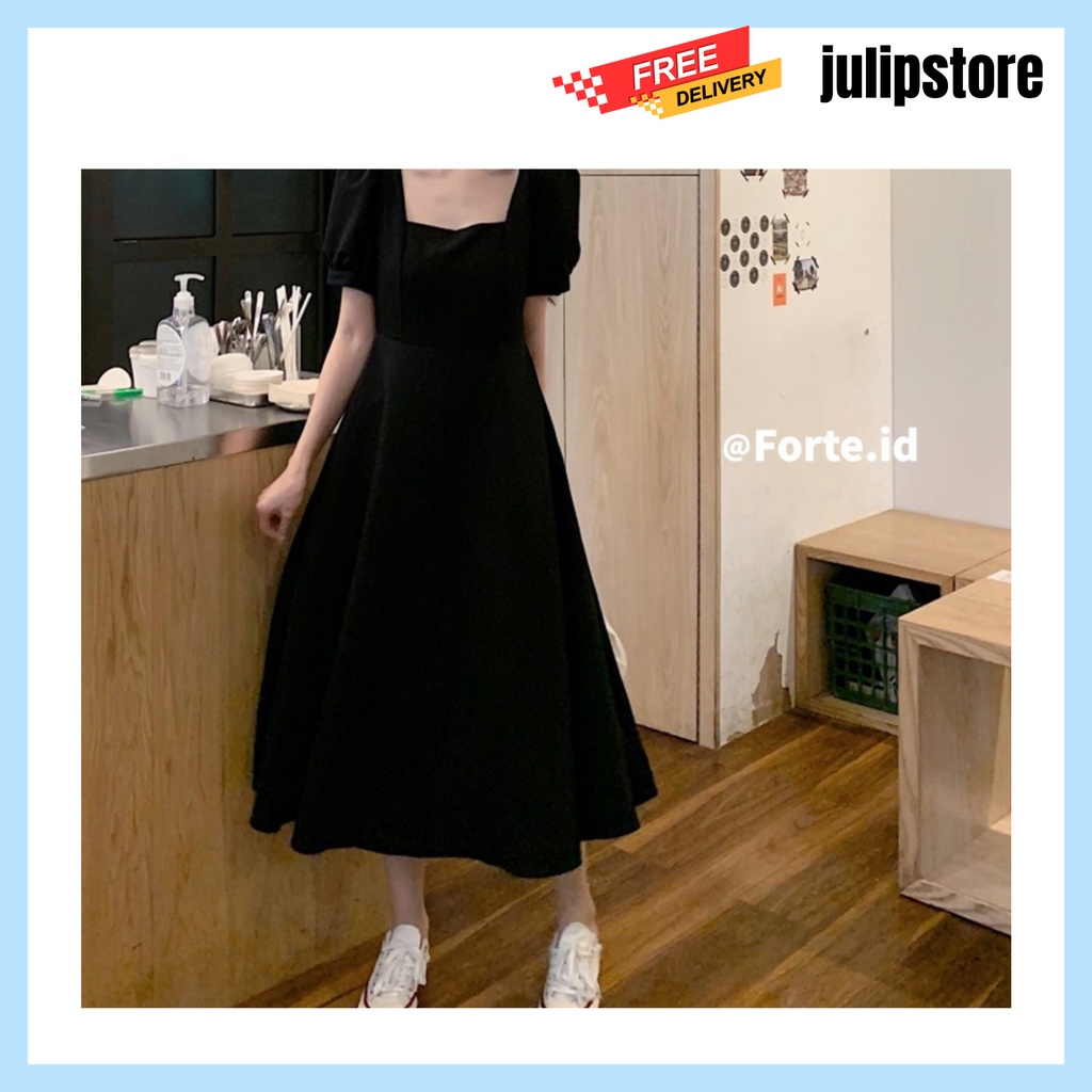 [Julipstore ] Baju Ala Korea/ Dress Lengan Pendek /Midi A-Line Hitam Minimalis/ Baju Wanita Polos