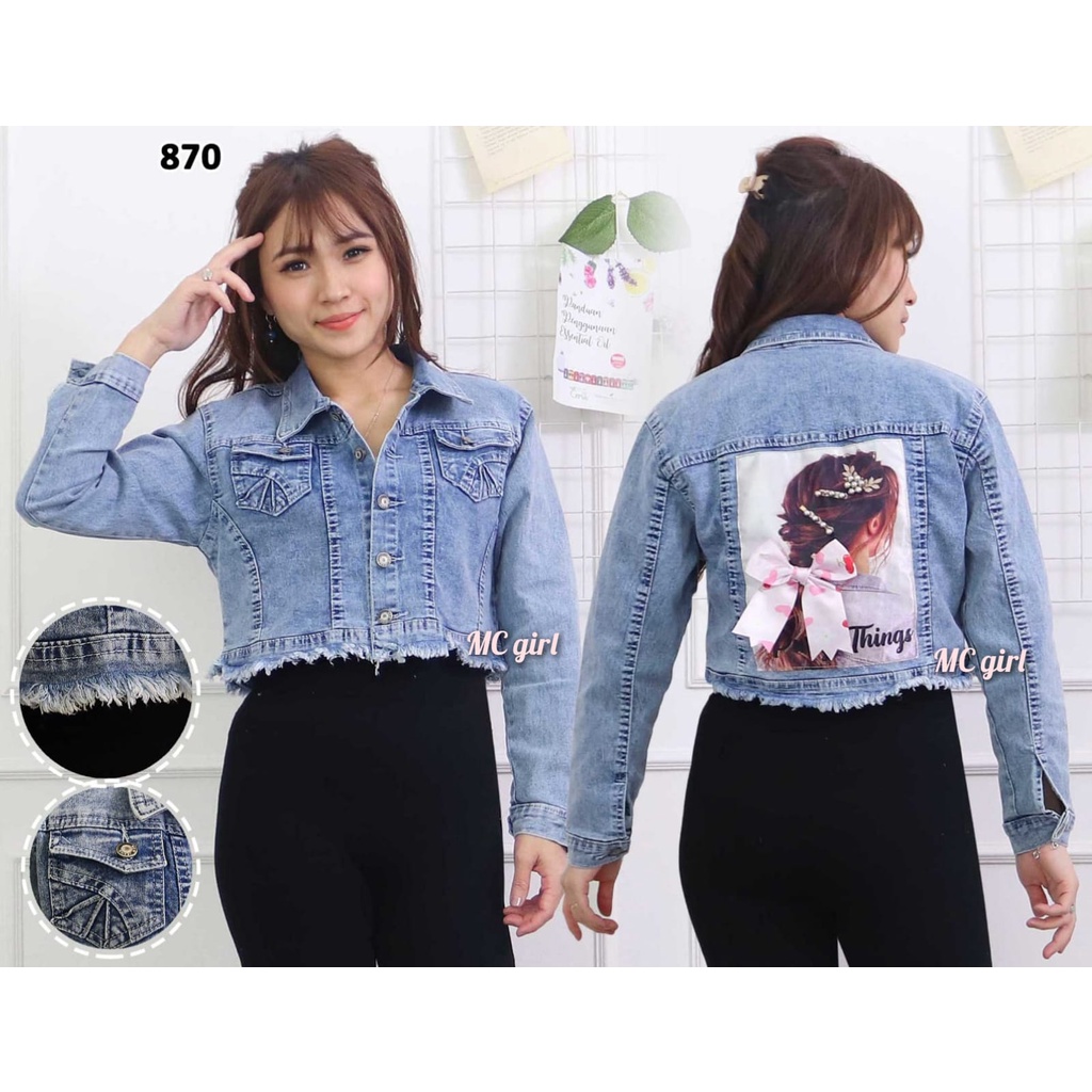 MC girl - Jaket Jeans Crop Rawis Gambar Pita Belakang 3D Wanita / Jaket Denim Body Pendek Rumbai Gambar Belakang Sequin Cewek / Jacket Lepis Snow Wash