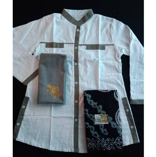 Setelan santri putri baju putih saku atas list warna kerudunv NU