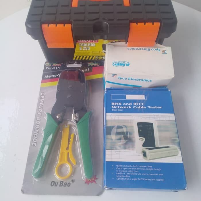 Dijual PAKET TOOL BOX MINI+CRIMPING TOOL+TESTER LAN+RJ45 1PACK MURAH MERINTIH terbaik