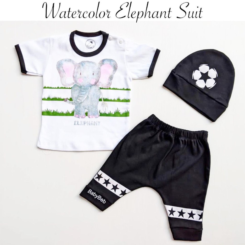 WATERCOLOR ELEPHANT Baju Setelan Kemeja Celana Topi Dasi Pergi Jalan Fashion Anak Bayi Cowok Laki