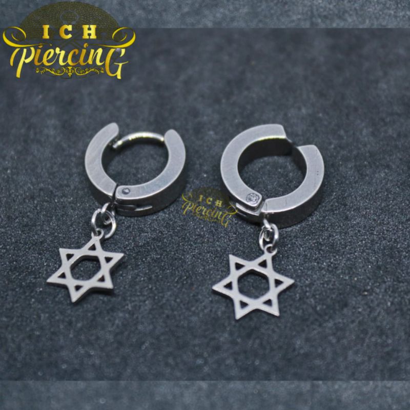 Anting Gantung bintang hexagram silver Tindik Dan Jepit