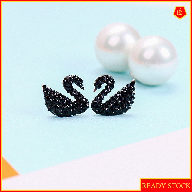 [Ready Stock]25 Silver Korean Style Pearl Black Swan Earrings