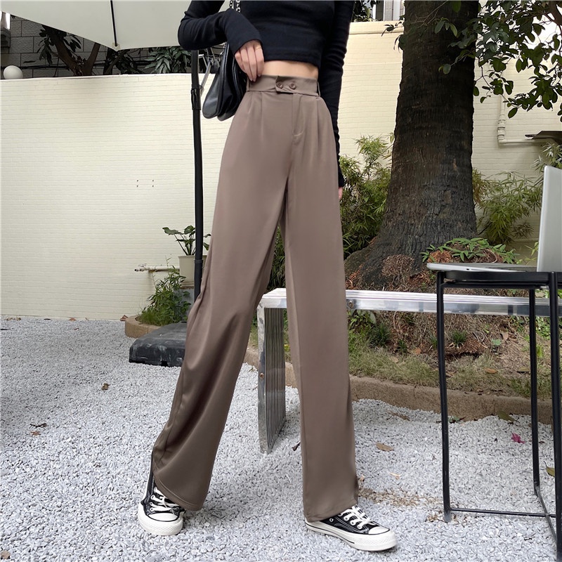 yikoo-Celana panjang dua kancing setelan high waist pants casual wanita