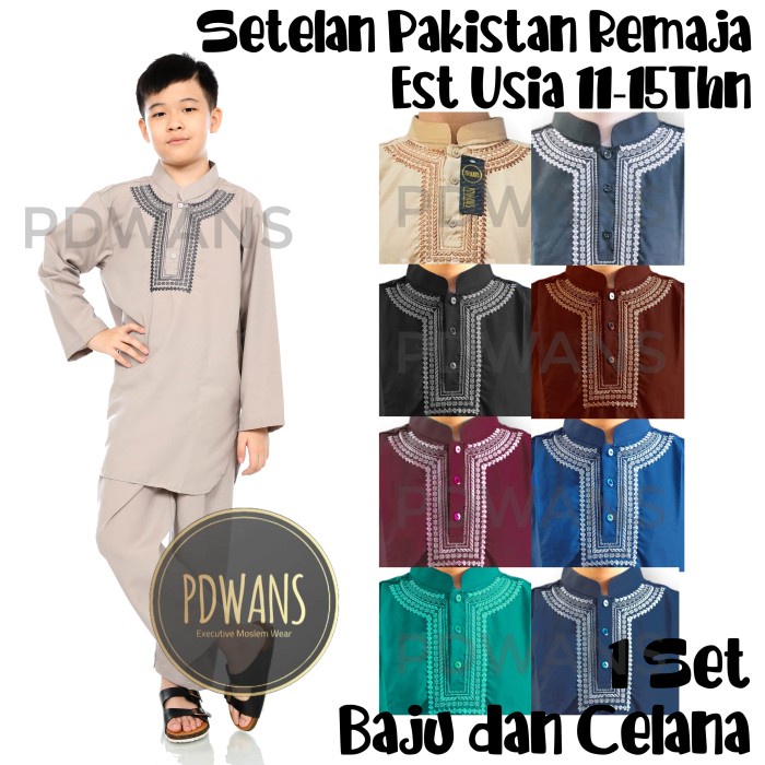 BAJU KOKO Setelan Pakistan Remaja Warna Ukuran Tanggung - Hitam, 12