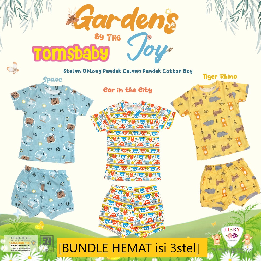 [BUNDLE HEMAT 3stel BOY ] LIBBY (3stel) Stelan Atasan PENDEK + Celana PENDEK Oblong Cotton Motif Print BOY (0-19kg)