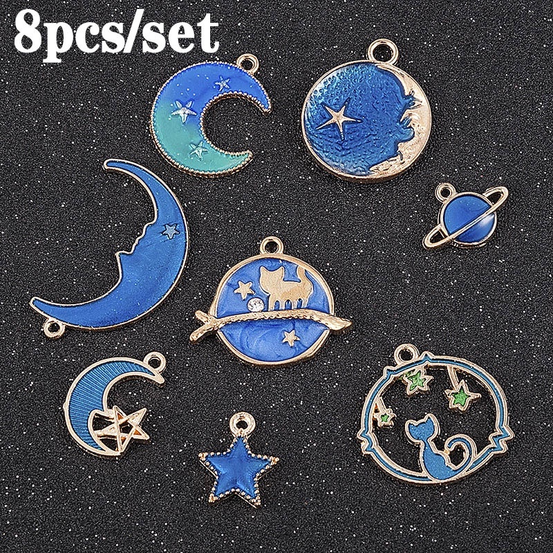 8Pcs Enamel Charms Blue Moon Star Planet Pendant Charms Spacer Beads for Jewlery Making DIY Bracelet Earrings Necklace