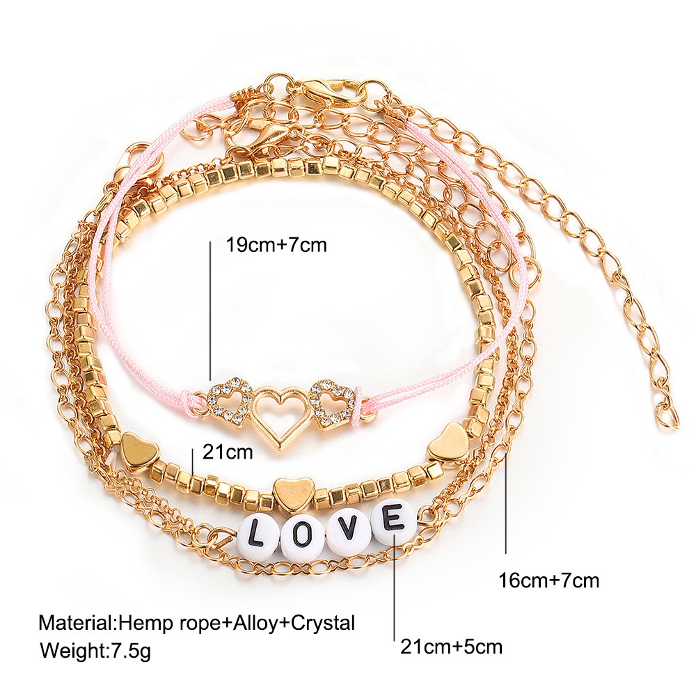 2022 4PCS / Set Gelang Tangan Tali Ornamen Hati Hollow + Berlian Imitasi Untuk Wanita