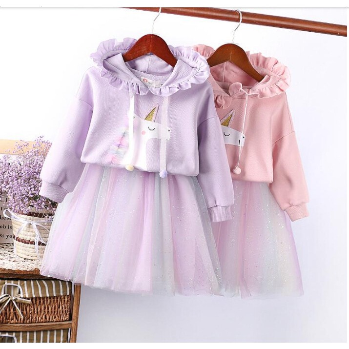 Setelan baju Sweater Hoodie Rok Tutu Rainbow Unicorn anak cewek import-Dress Unicorn anak Perempuan