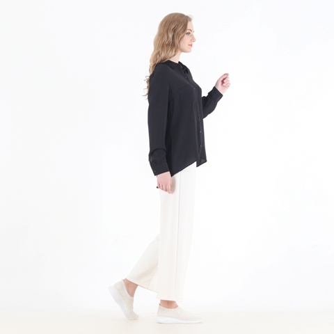 Hitam Tekstur - Kemeja Wanita Lengan Panjang - Atasan Wanita Kerja - Formal Hitam Polos-3