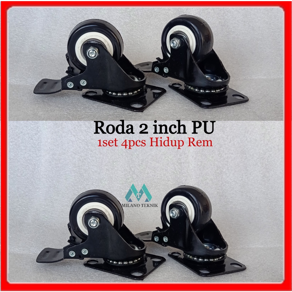 Roda 2 inch PU+Bearing (1set:4pcs Hrem) caster Troli Rubber karet 2&quot;