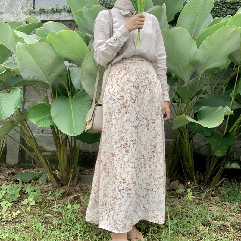 FLORAL SKIRT ADA SAKU / ROK MOTIF BUNGA/ ROK A LINE KOREAN STYLE / Long Skirt / vintage skirt-Cream+furing